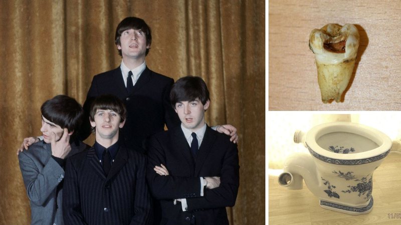 Dente e vaso de John Lennon (Foto 1 (Beatles): AP; Fotos 2 e 3: Divulgação)